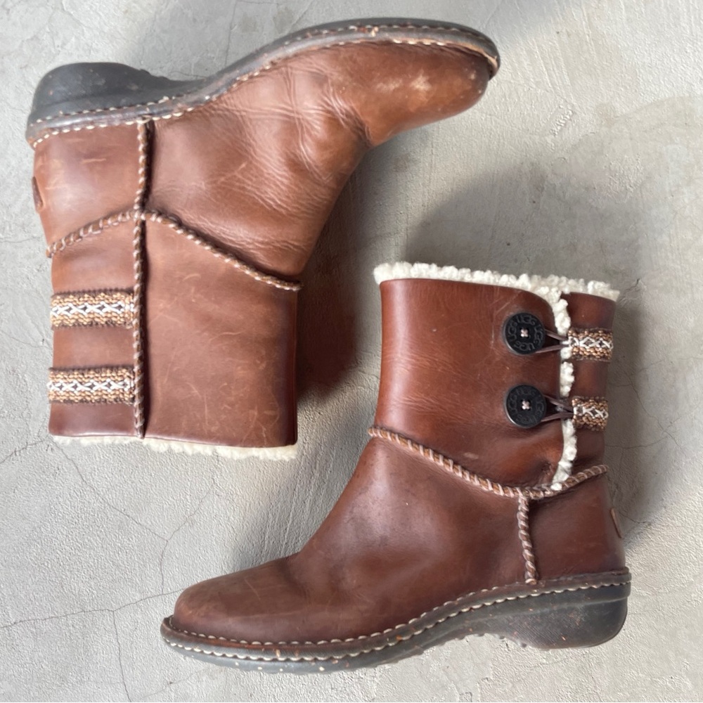 UGG | 'Lillie' Brown Leather Ankle Boots - Picture 2 of 6